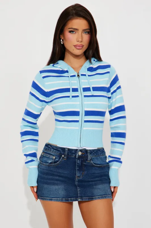 Pacific Beach Striped Zip Up Sweater - Blue/combo sold by Fashion Nova