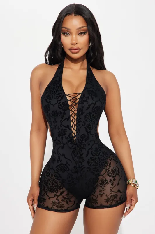 Here To Stay Mesh Romper - Black sold by Fashion Nova