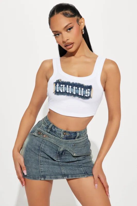 Taurus Energy Denim Patch Tank Top - White sold by Fashion Nova
