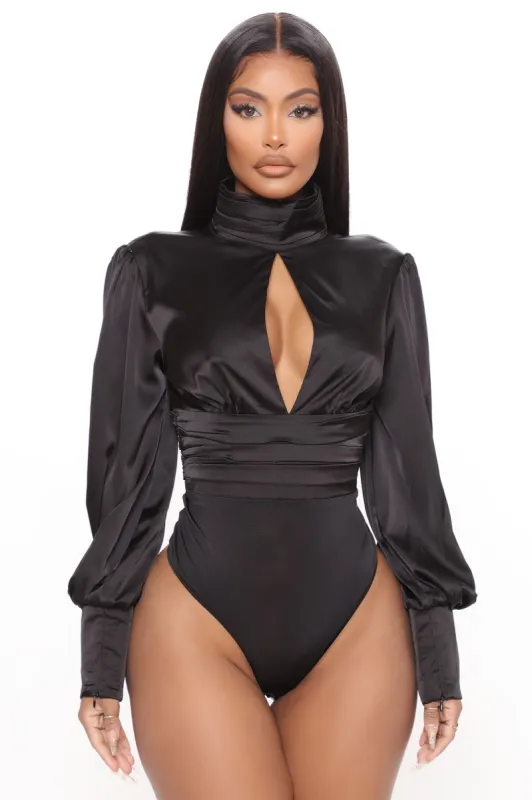 No Secrets Kept Satin Bodysuit - Black sold by Fashion Nova