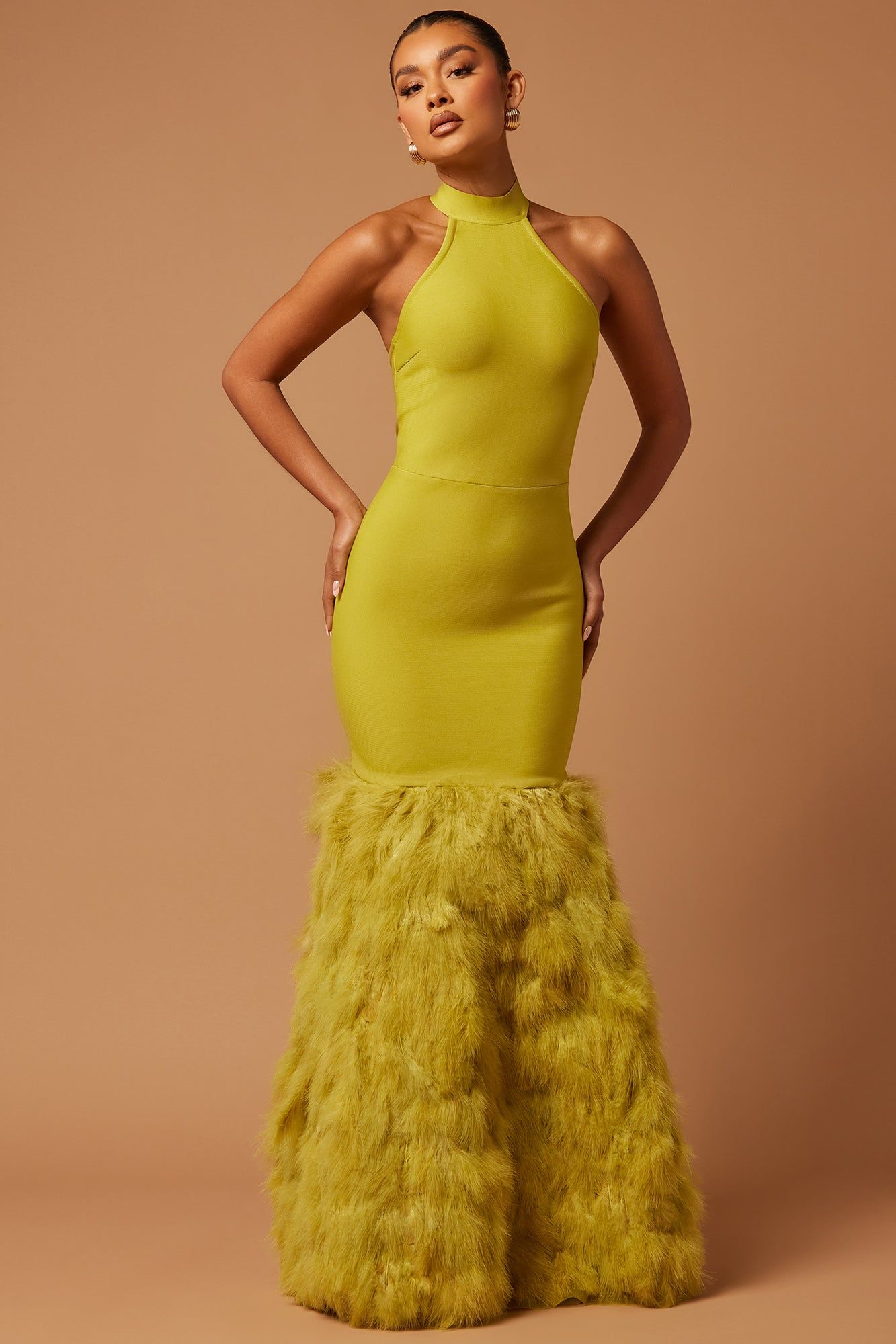 Bailey Feather Bandage Gown - Chartreuse sold by Fashion Nova