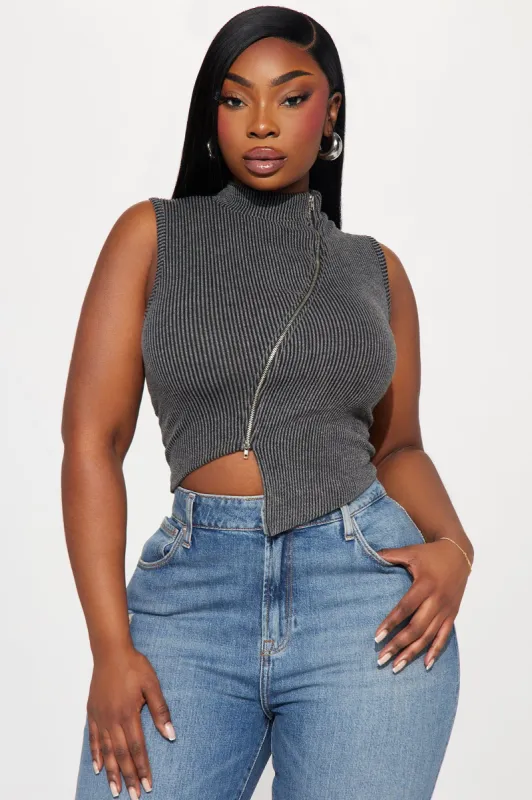 Play It Back Zipper Top - Charcoal sold by Fashion Nova