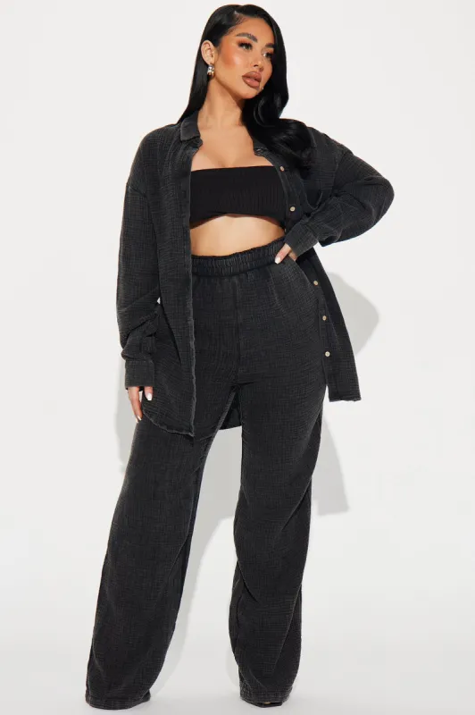 Play It Cool Washed Gauze Pant - Black sold by Fashion Nova
