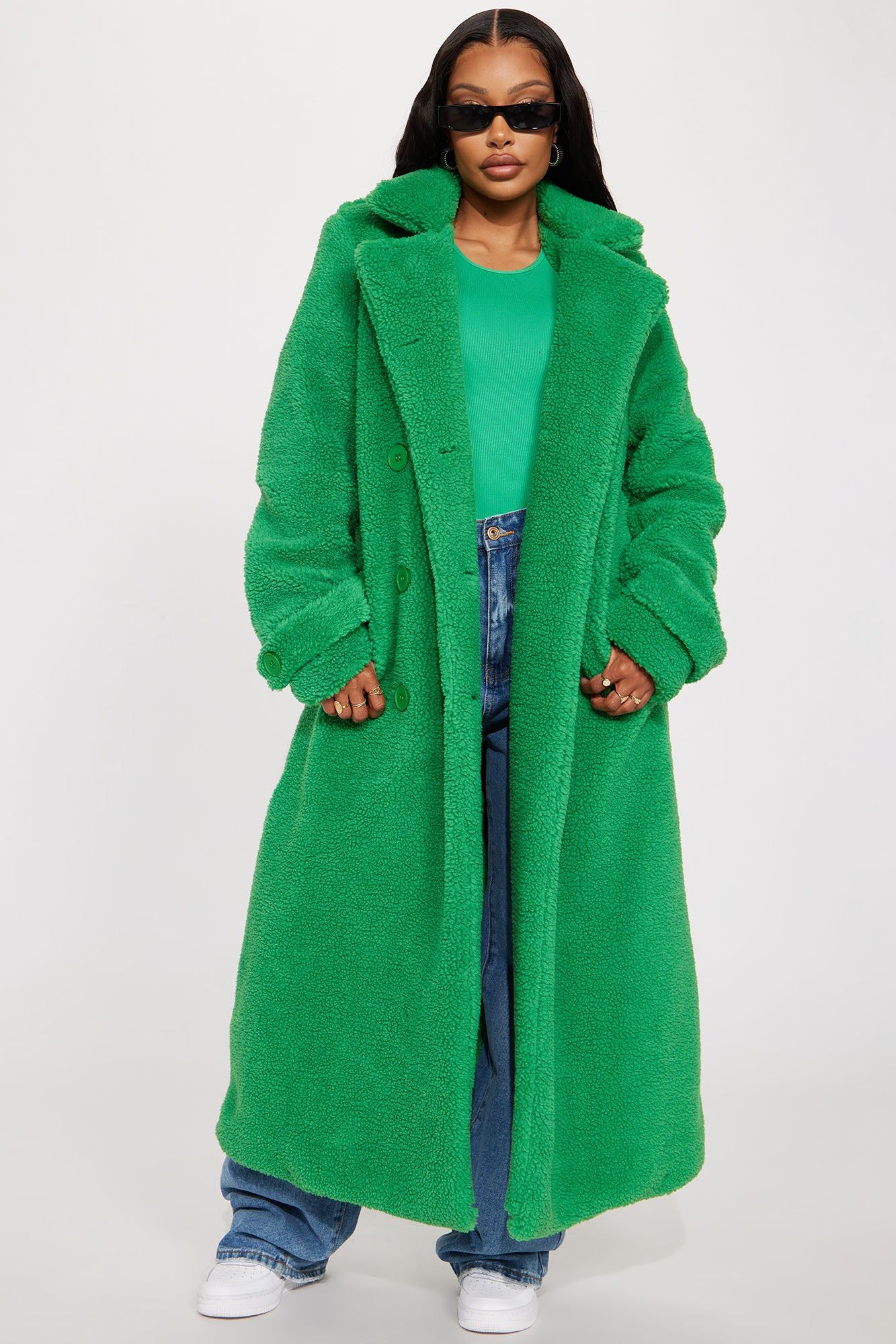 Treat Yourself Sherpa Coat - Kelly Green sold by Fashion Nova