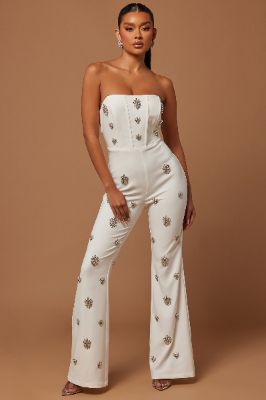 Leandra Embellished Flare Jumpsuit - White sold by Fashion Nova