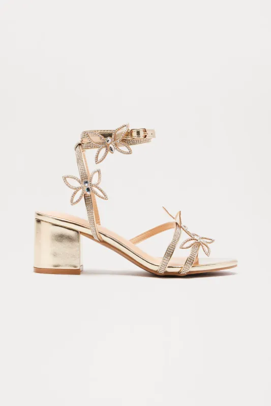 Juni Rhinestone Butterfly Heels - Gold sold by Fashion Nova