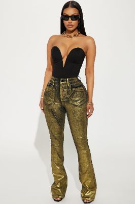 So Golden Foil Print Stretch Bootcut Jeans - Black/Gold sold by Fashion Nova