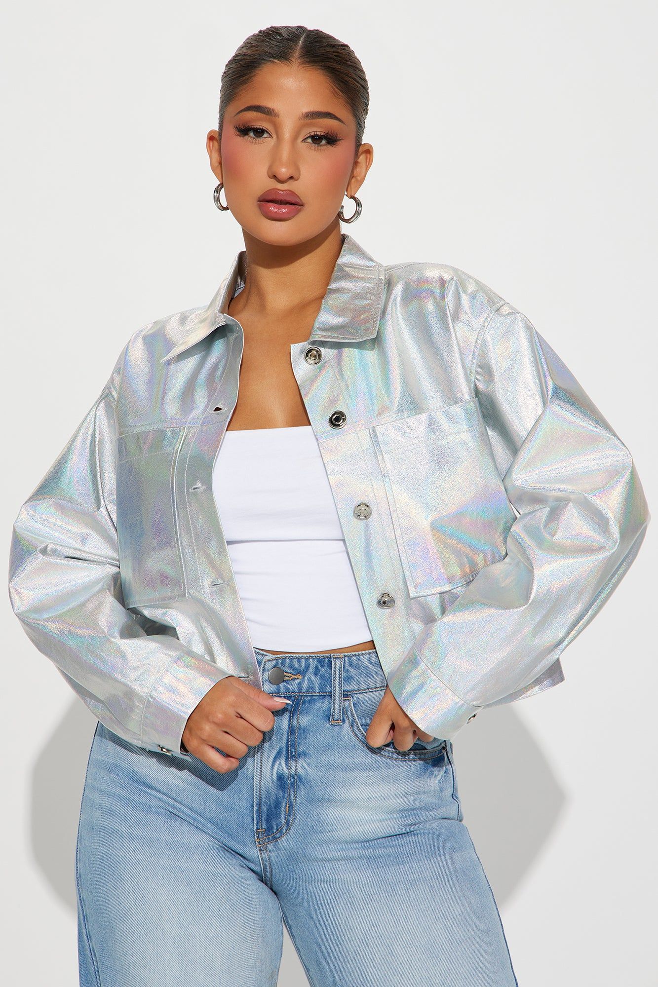 Harlow Holographic Jacket - Silver sold by Fashion Nova