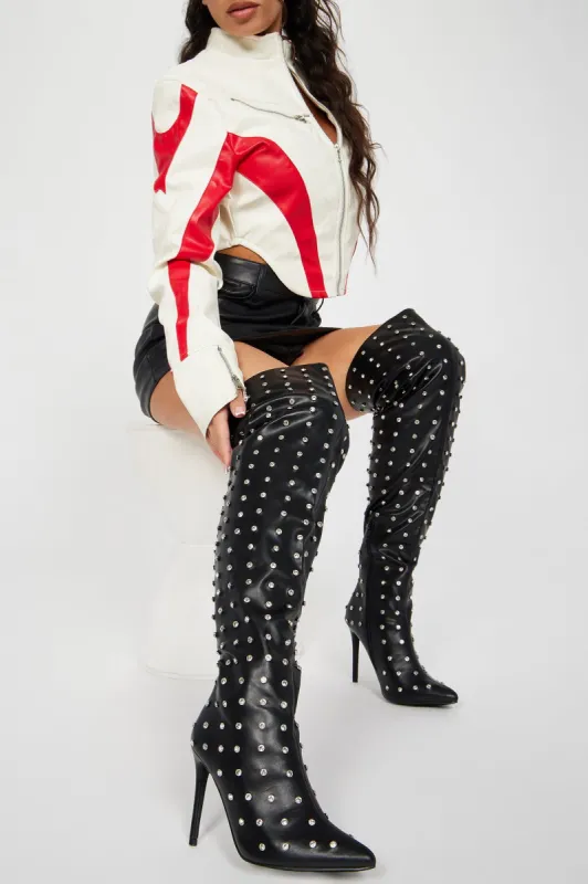 Let's Mingle Over The Knee Heeled Boots - Black sold by Fashion Nova