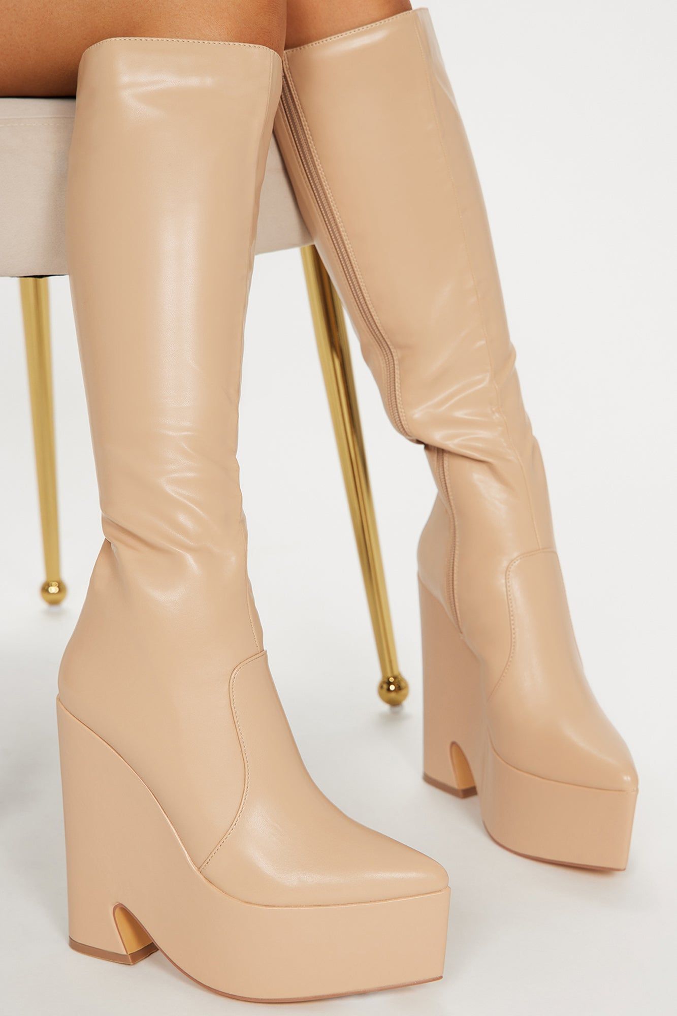 Miss Confident Knee High Heeled Boots - Nude sold by Fashion Nova