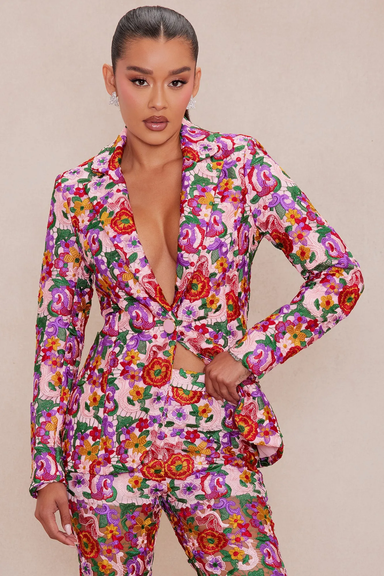 Aubrey Floral Lace Blazer - Pink/combo sold by Fashion Nova