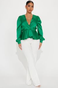 Linda Satin Blouse Top - Green sold by Fashion Nova