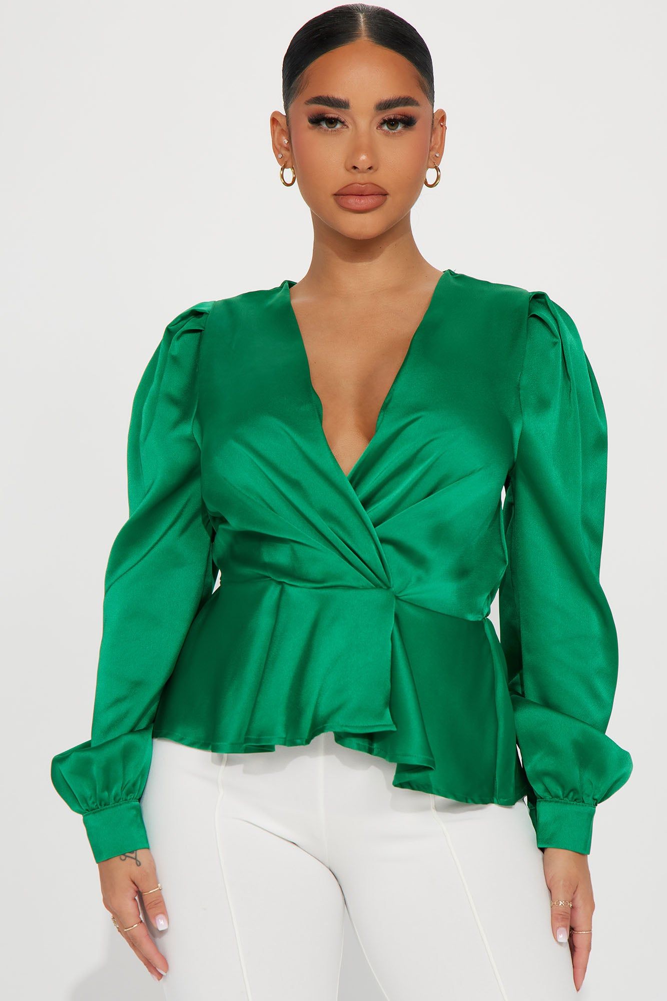 Linda Satin Blouse Top - Green sold by Fashion Nova