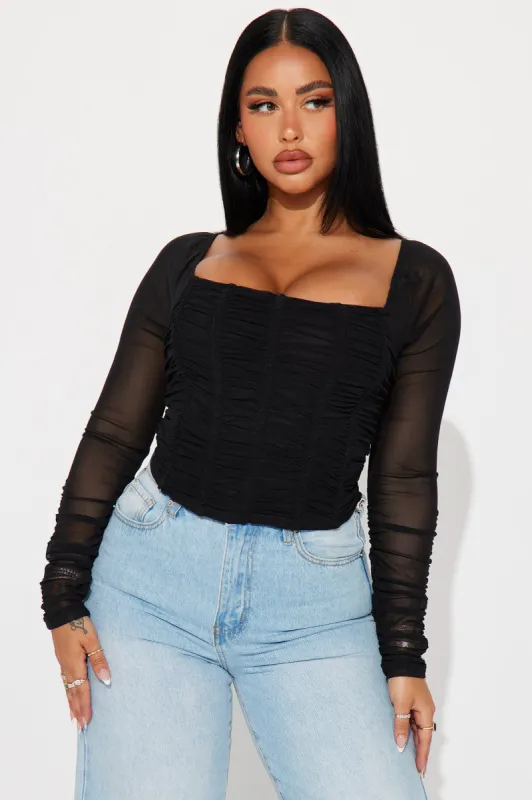 Kandice Ruched Mesh Top - Black/combo sold by Fashion Nova
