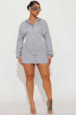 Adeline Hooded Mini Dress - Heather Grey sold by Fashion Nova