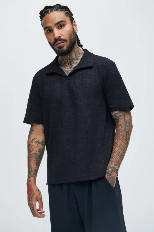 Ethel Textured Knit Johnny Collar Shirt - Black sold by Fashion Nova