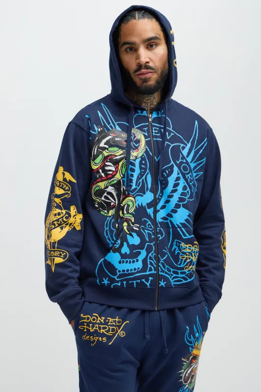 Ed Hardy Panther Bulldog Zip Up Hoodie - Navy sold by Fashion Nova