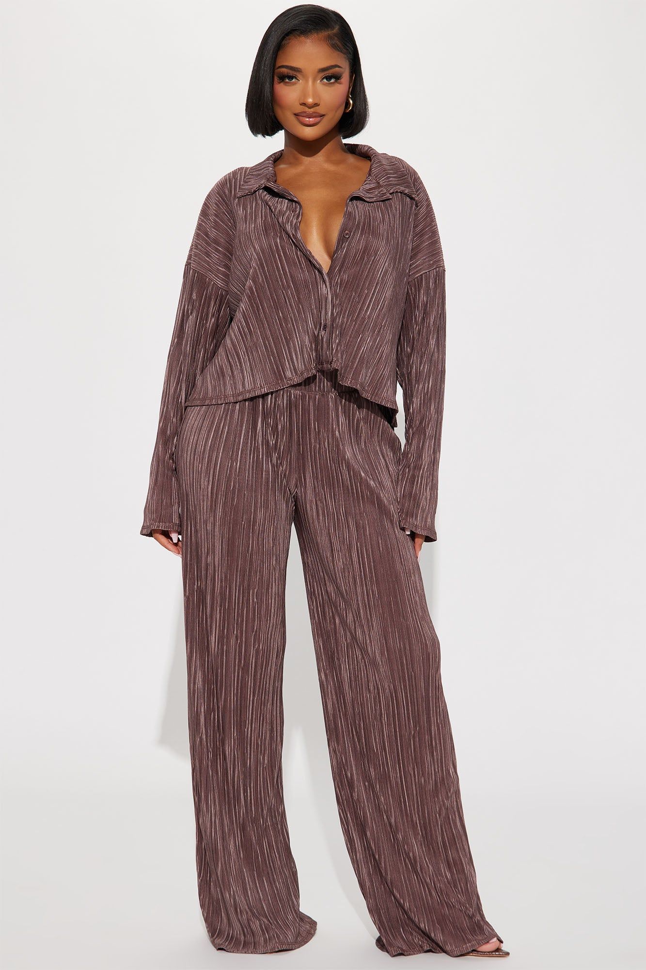 Kenzy Plisse Pant Set - Mocha sold by Fashion Nova
