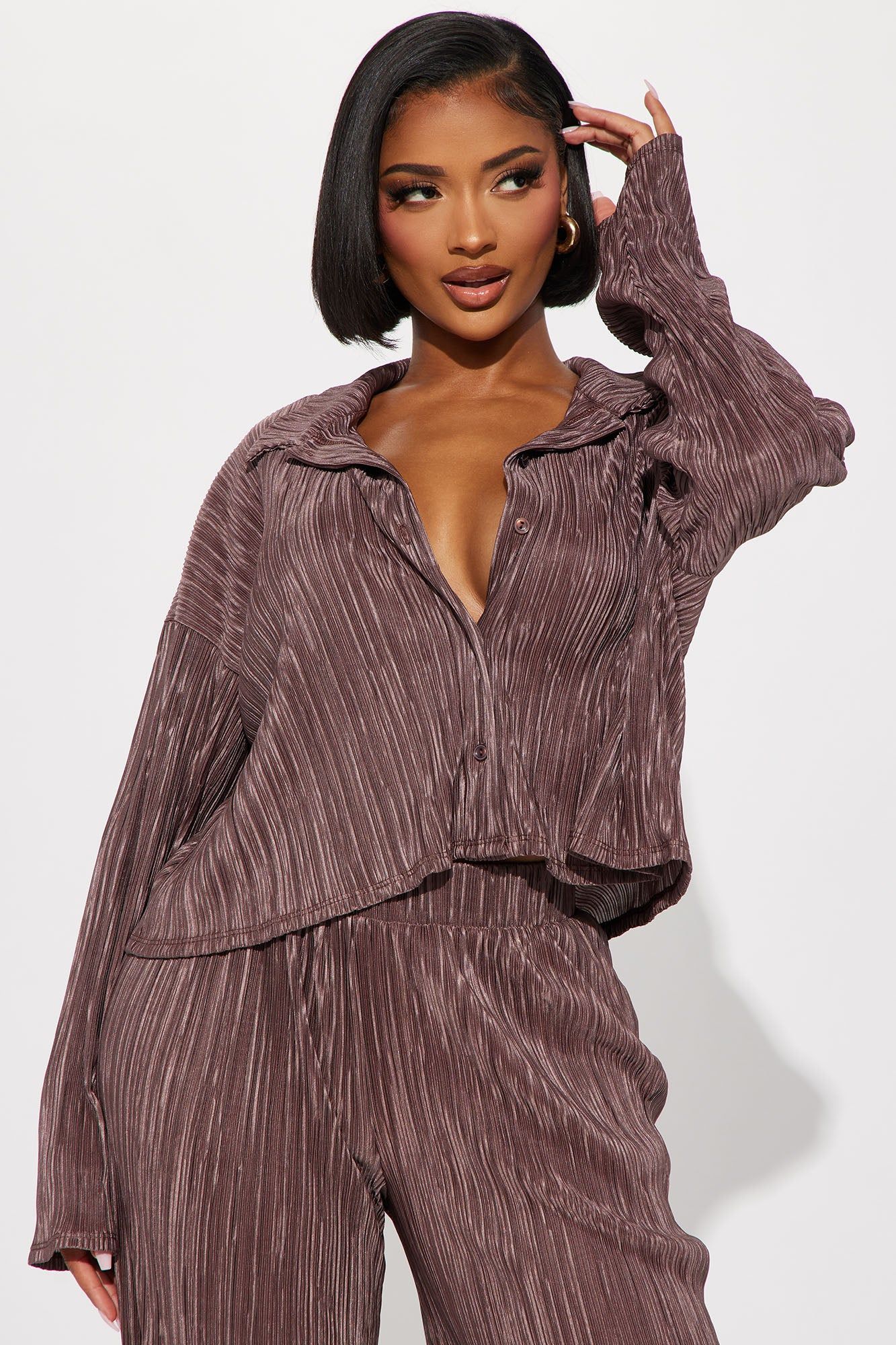 Kenzy Plisse Pant Set - Mocha sold by Fashion Nova product image thumbnail 2