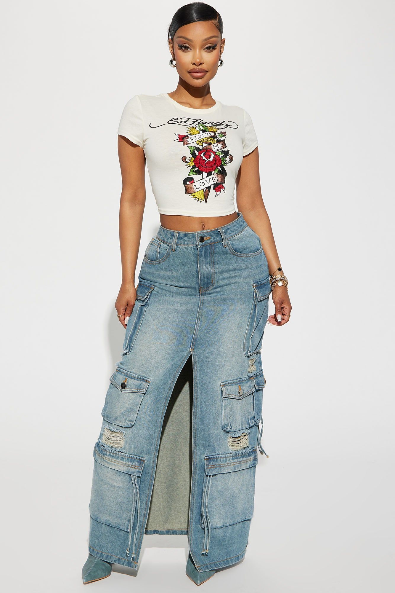 Out Of Town Cargo Denim Maxi Skirt - Medium Wash sold by Fashion Nova