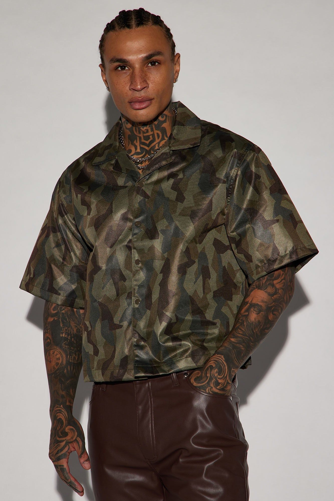 Out The Trenches Cropped Button Up - Olive/combo sold by Fashion Nova