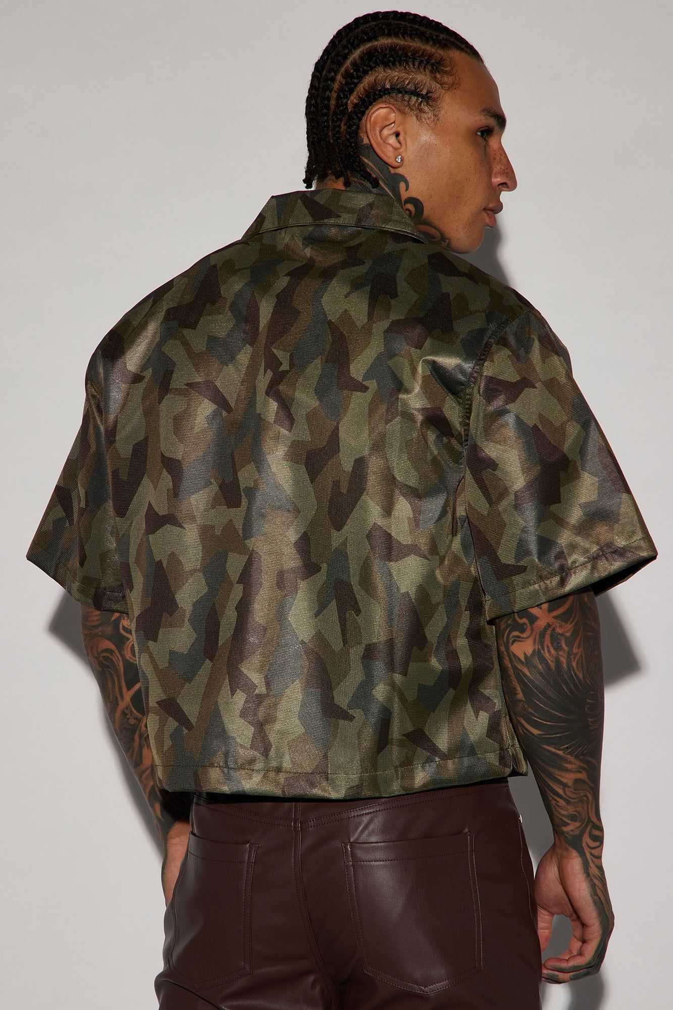 Out The Trenches Cropped Button Up - Olive/combo sold by Fashion Nova product image thumbnail 4