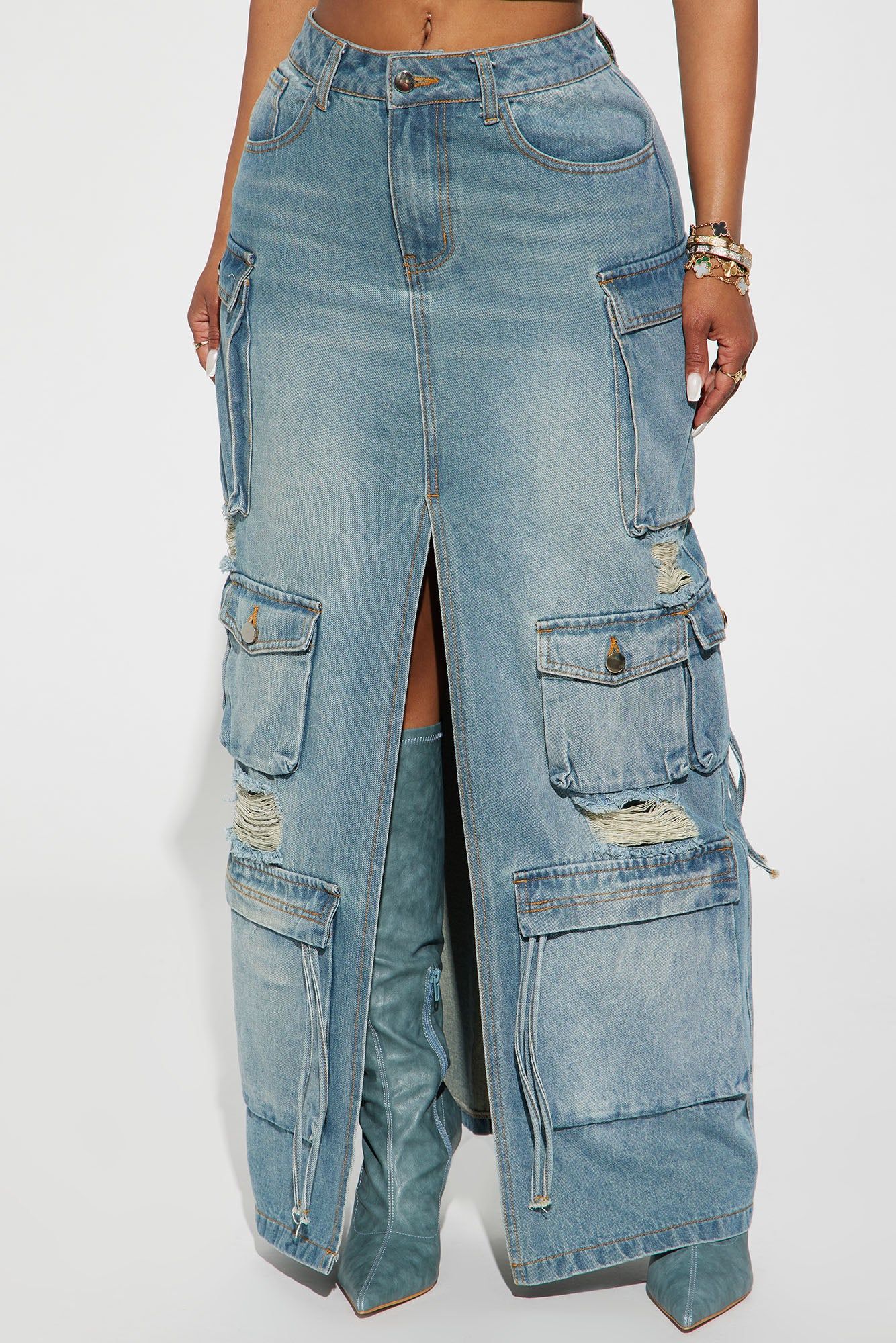 Out Of Town Cargo Denim Maxi Skirt - Medium Wash sold by Fashion Nova product image thumbnail 2