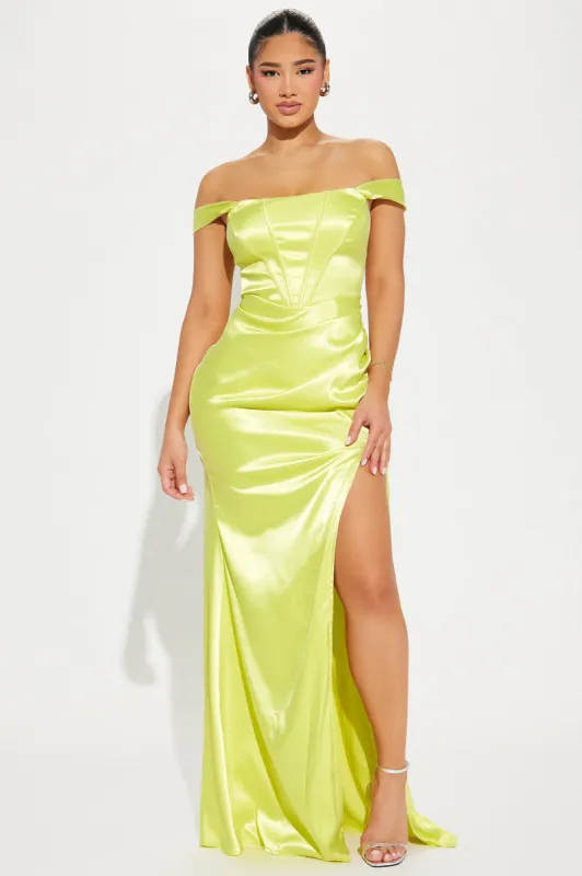 Satin Soiree Gown - Yellow sold by Fashion Nova