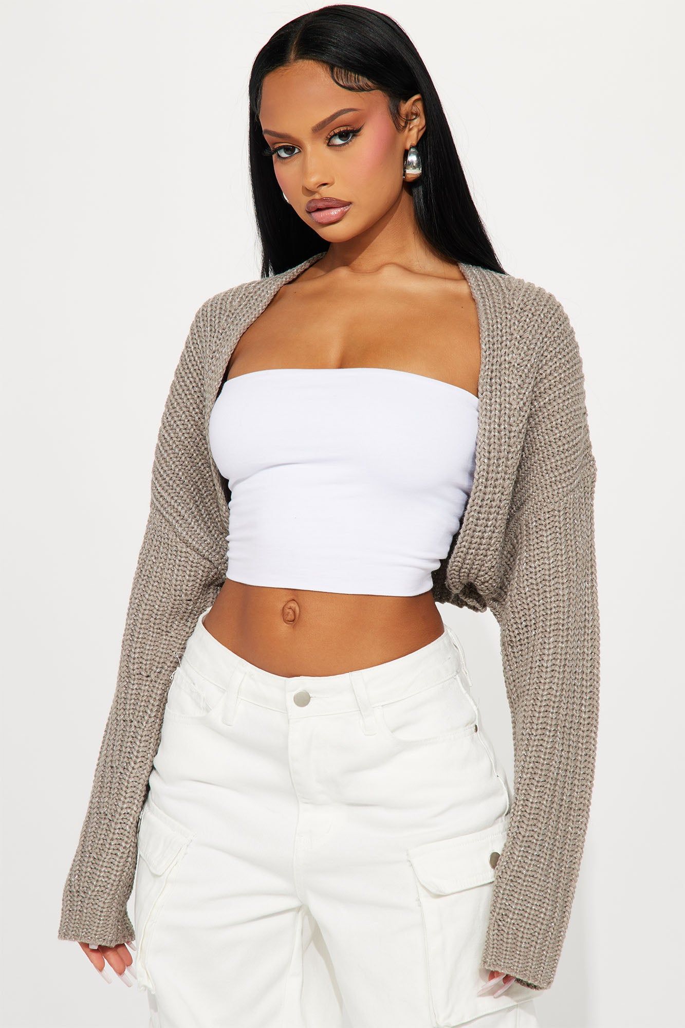 Cool Girl Mood Bolero Sweater - Taupe sold by Fashion Nova