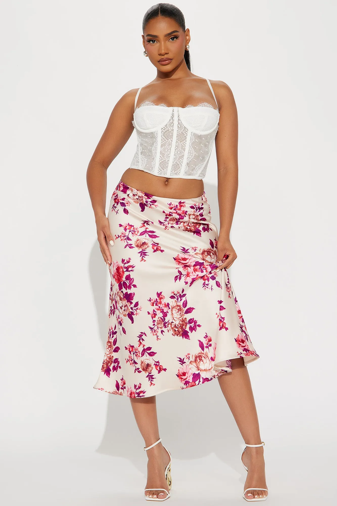 Girls Need Love Floral Satin Midi Skirt - Cream/combo sold by Fashion Nova