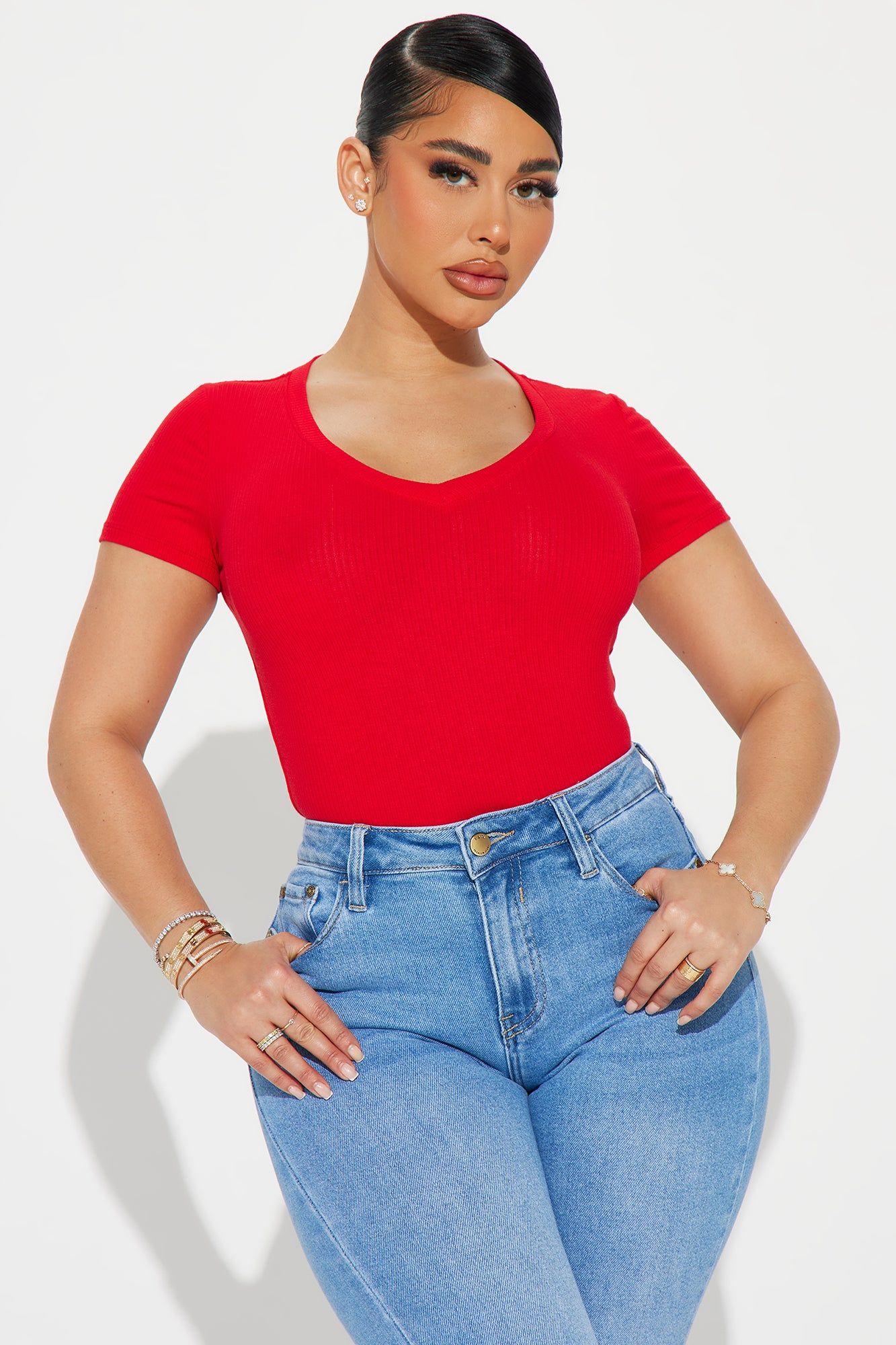 Valentina V-Neck Short Sleeve Tee - Red sold by Fashion Nova
