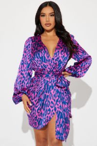 Fierce Leopard Satin Mini Dress - Magenta/combo sold by Fashion Nova