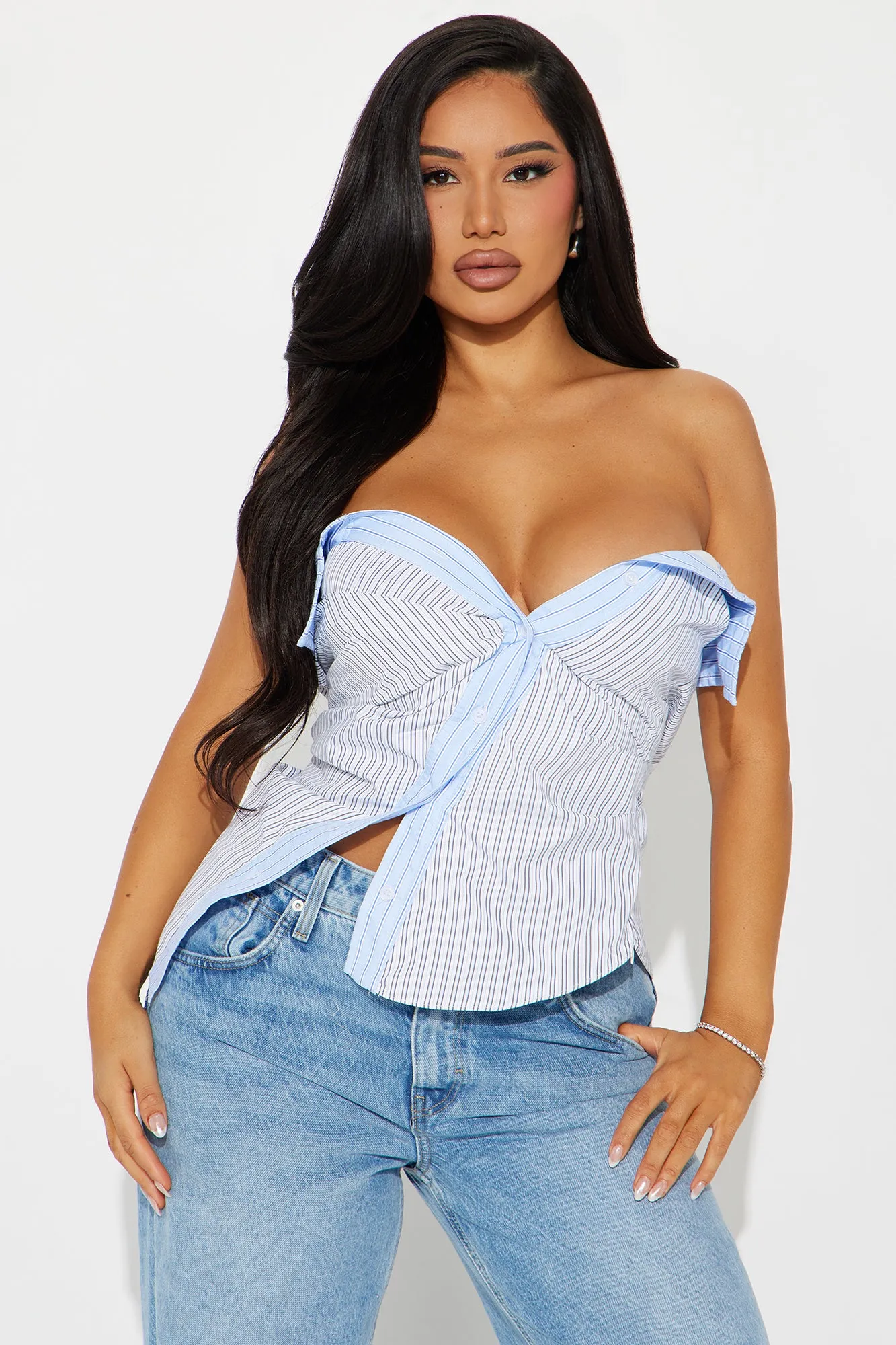 Business Casual Striped Top - Blue/combo sold by Fashion Nova