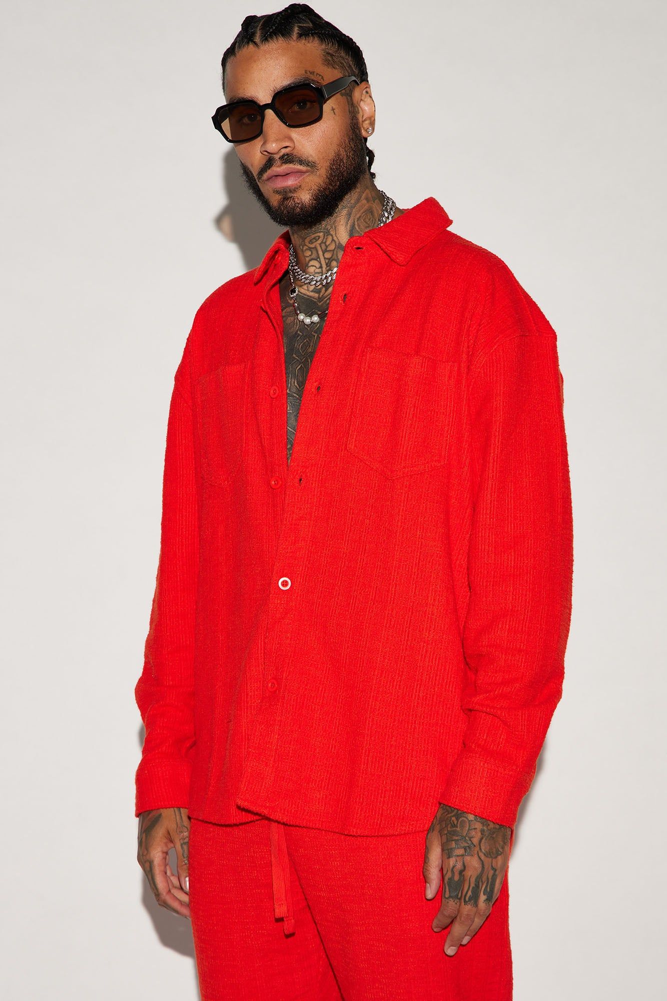 Dean Textured Long Sleeve Button Up Shirt - Red sold by Fashion Nova