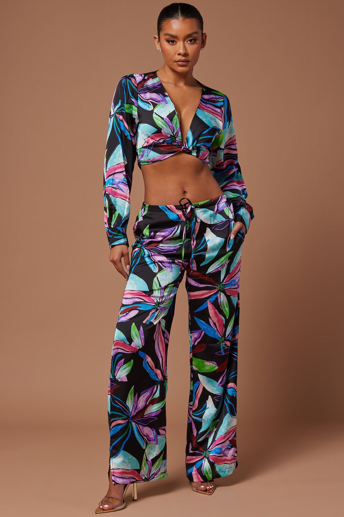 Via Satin Pant Set - Black/combo sold by Fashion Nova