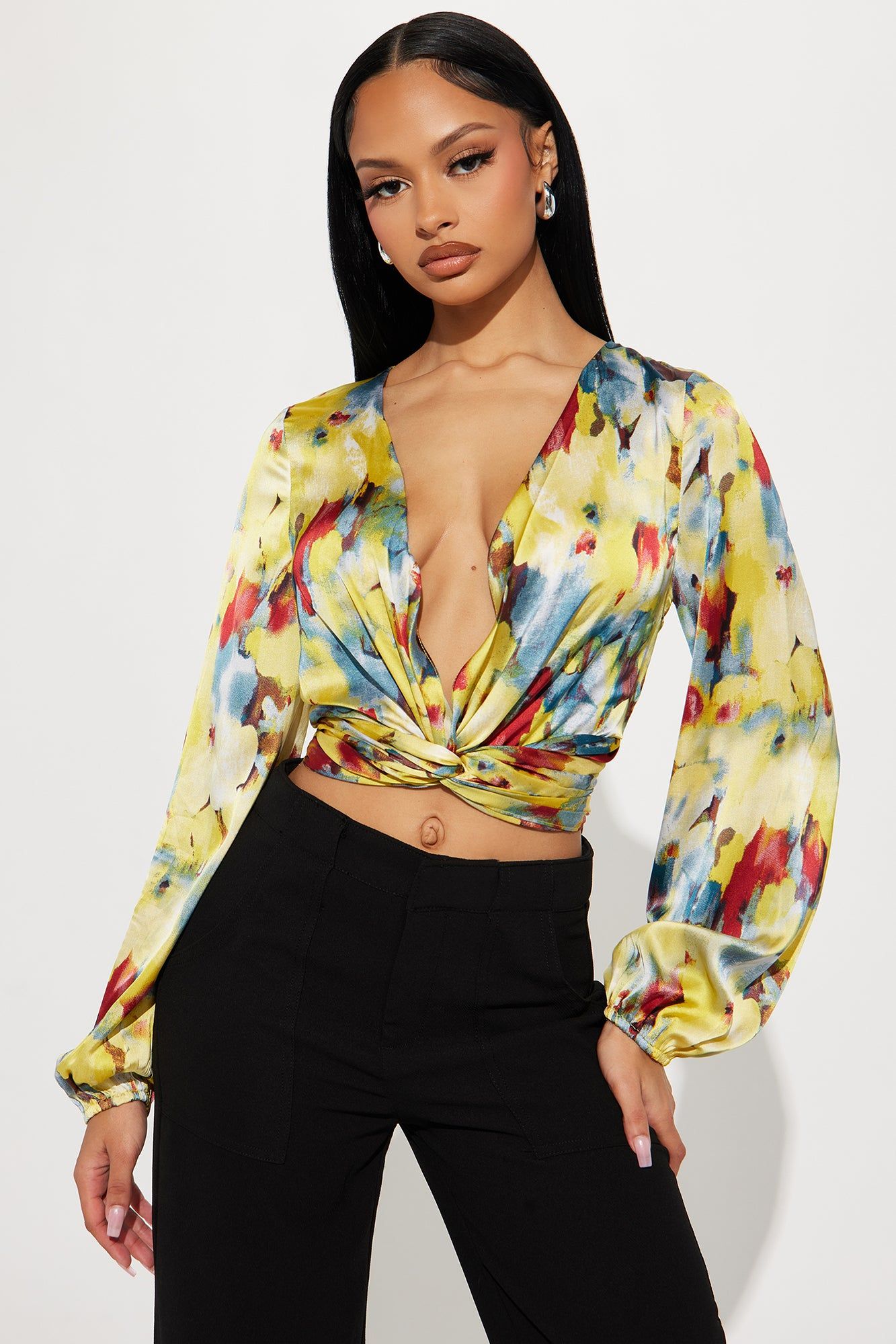 Dinner In Paradise Satin Blouse Top - Yellow/combo sold by Fashion Nova