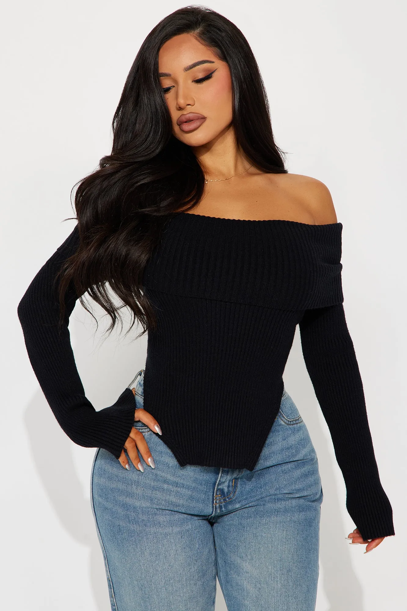 Karma Off Shoulder Sweater - Black sold by Fashion Nova