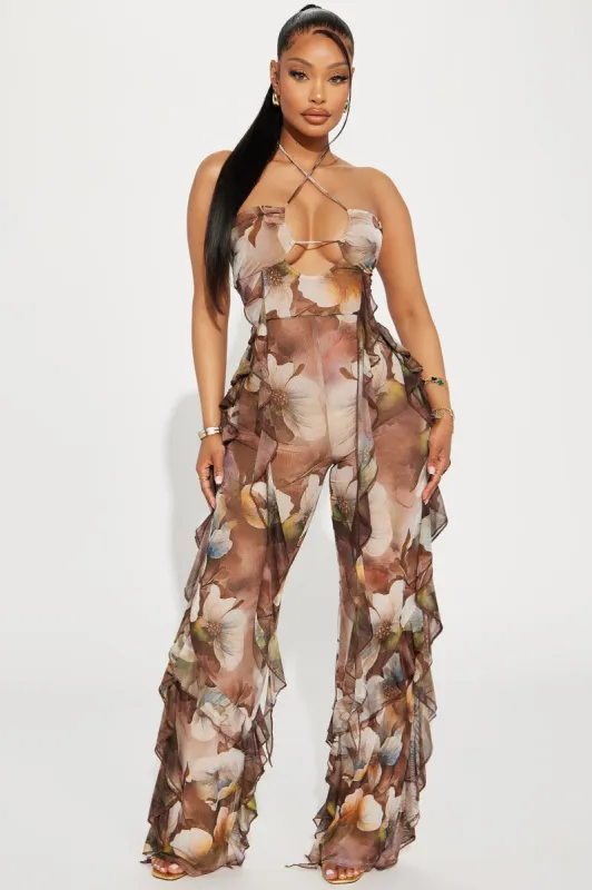 Going Out For Fun Jumpsuit  - Brown/combo sold by Fashion Nova