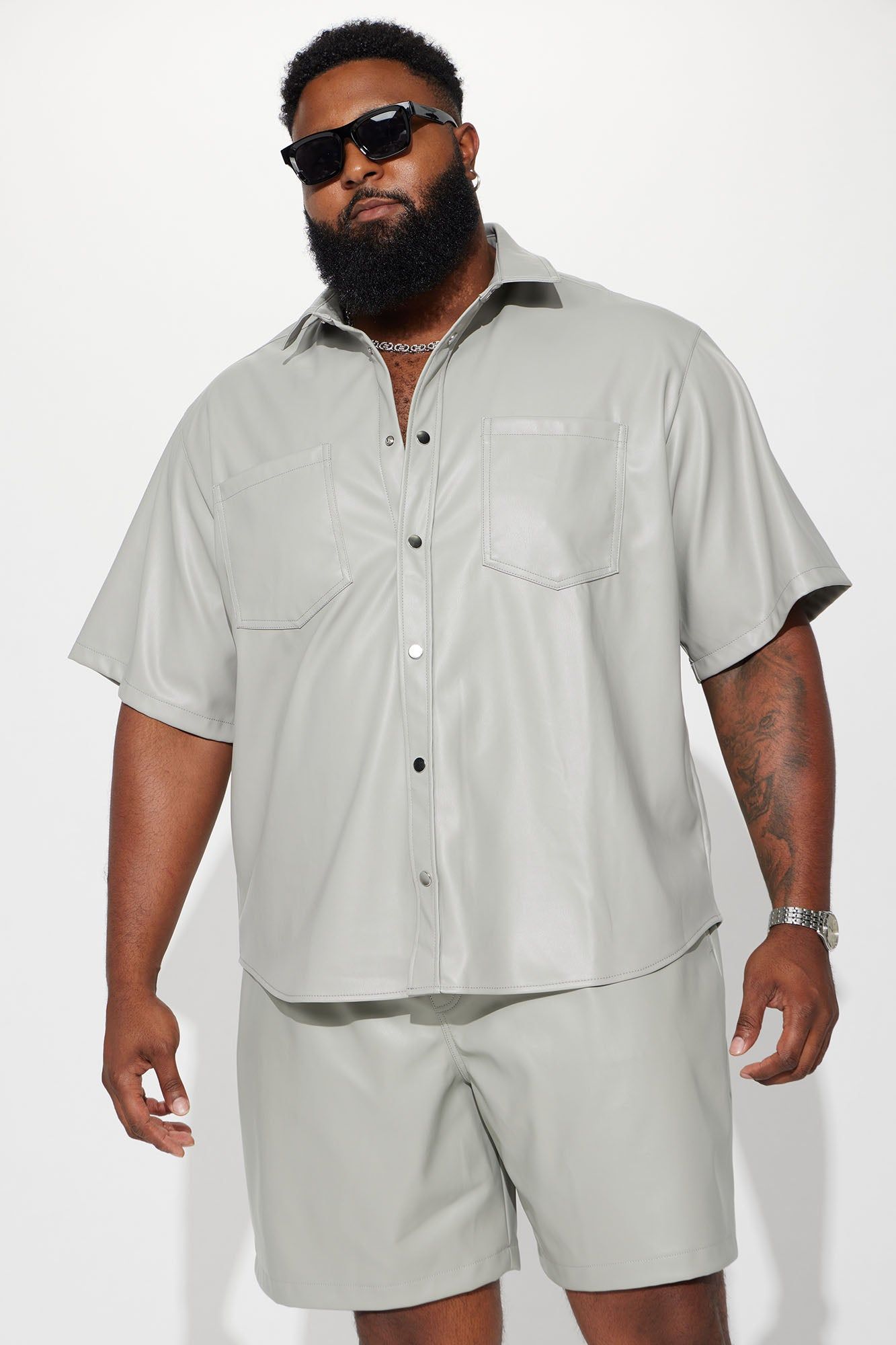 Work It Out Faux Leather Button Up Shirt - Grey sold by Fashion Nova