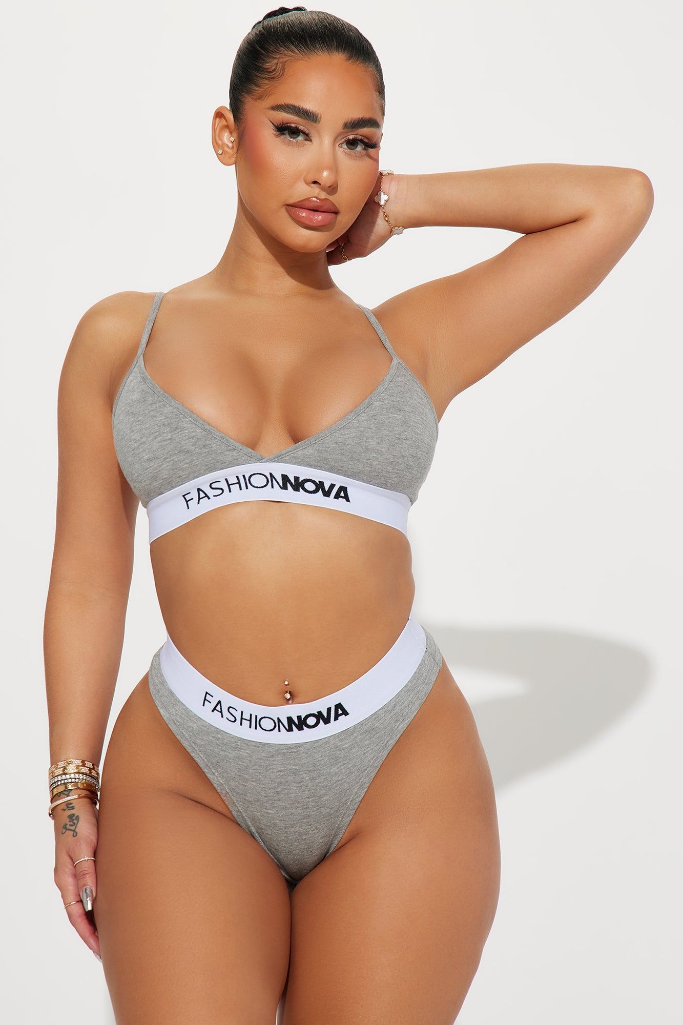 FN Mood Bralette And Thong Set - Heather Grey sold by Fashion Nova