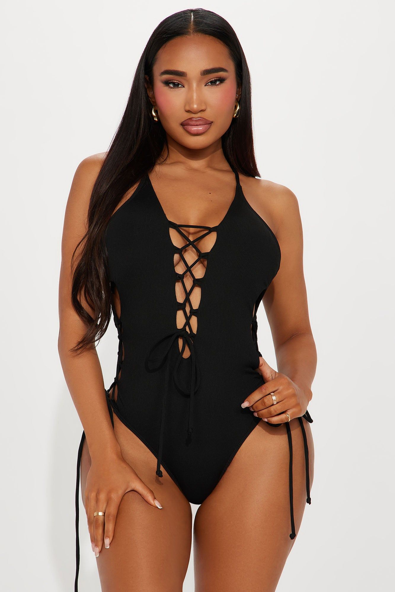 Marielle Lace-Up 1 Piece Swimsuit - Black sold by Fashion Nova