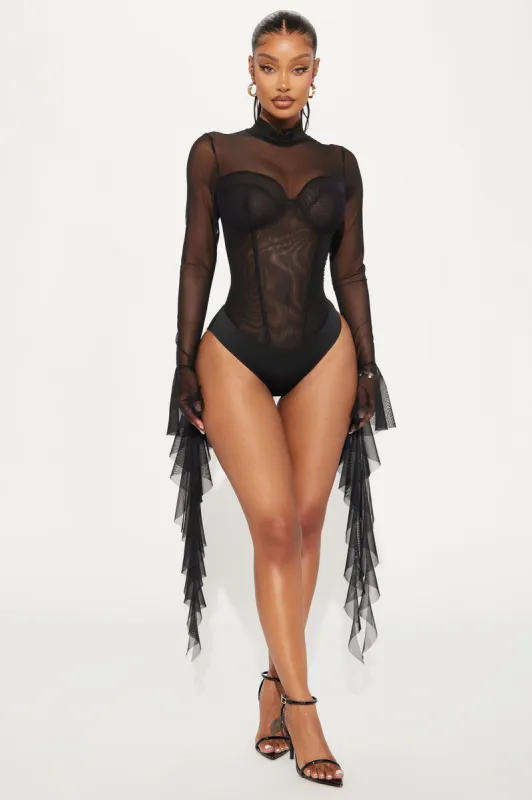 On The List Ruffle Bodysuit - Black sold by Fashion Nova