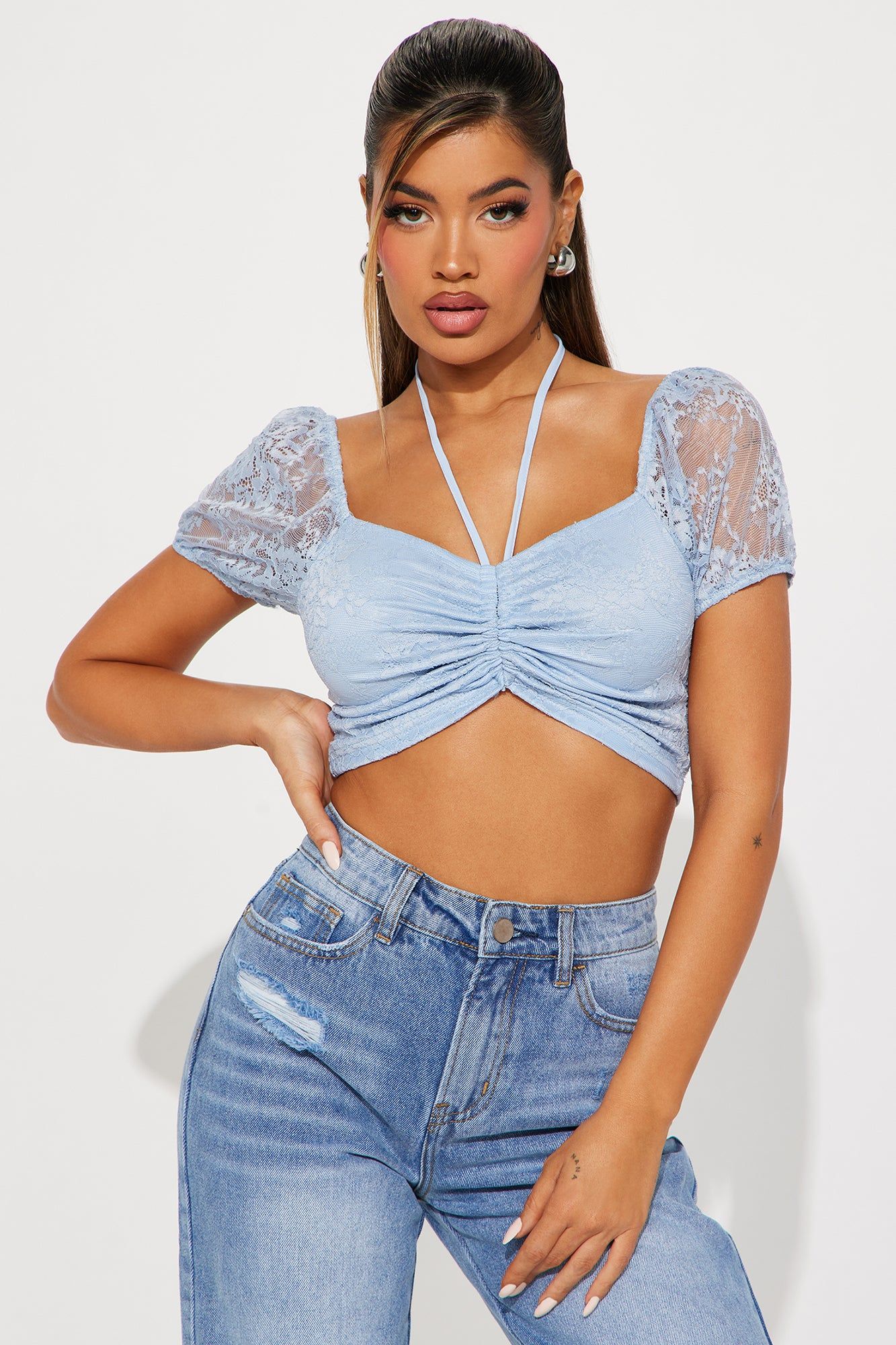 Luna Lace Crop Top - Blue sold by Fashion Nova