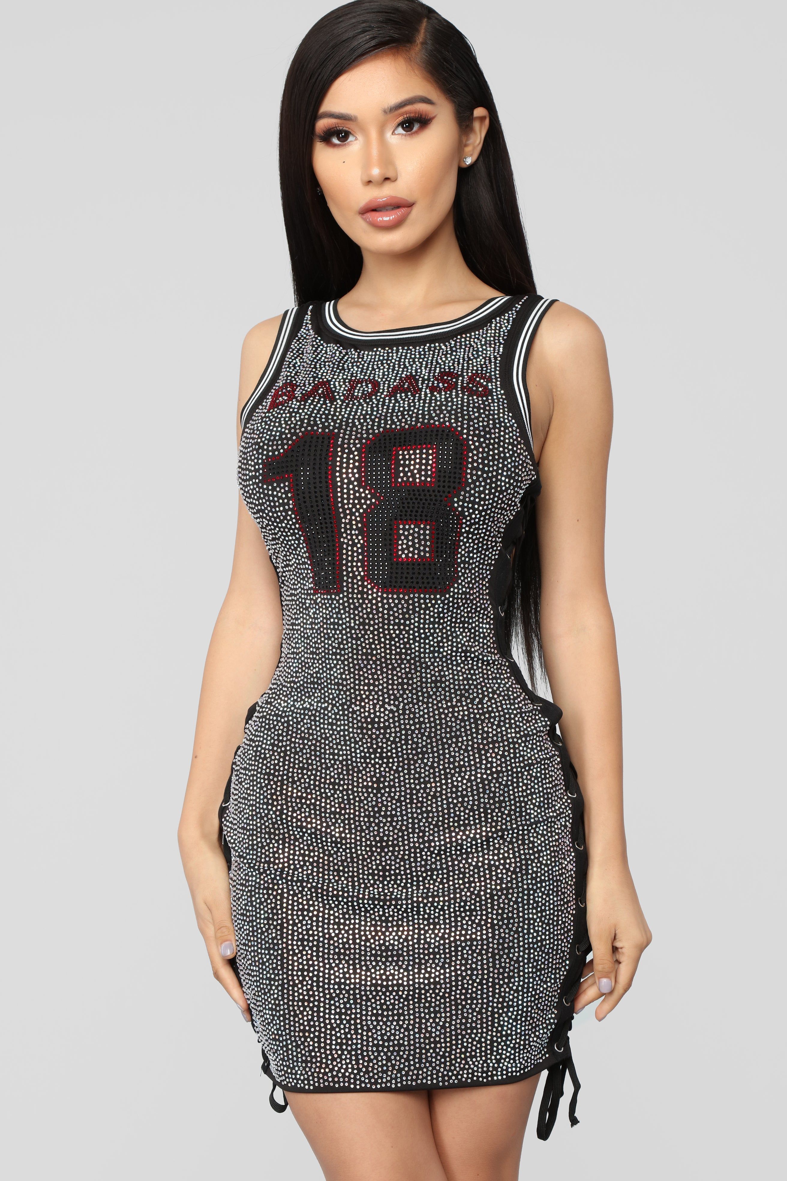 Total Badass Rhinestone Dress - Black sold by Fashion Nova