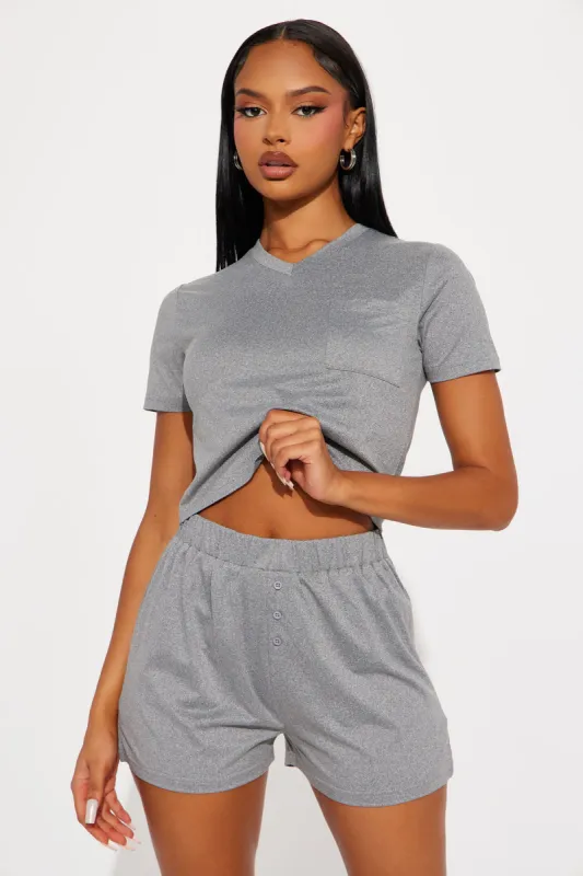 Keep Sleeping PJ Boxer Short Set - Heather Grey sold by Fashion Nova
