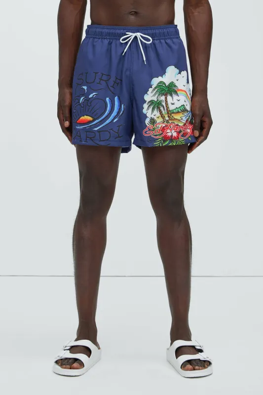 Ed Hardy Surf Hard Swim Trunks - Blue sold by Fashion Nova