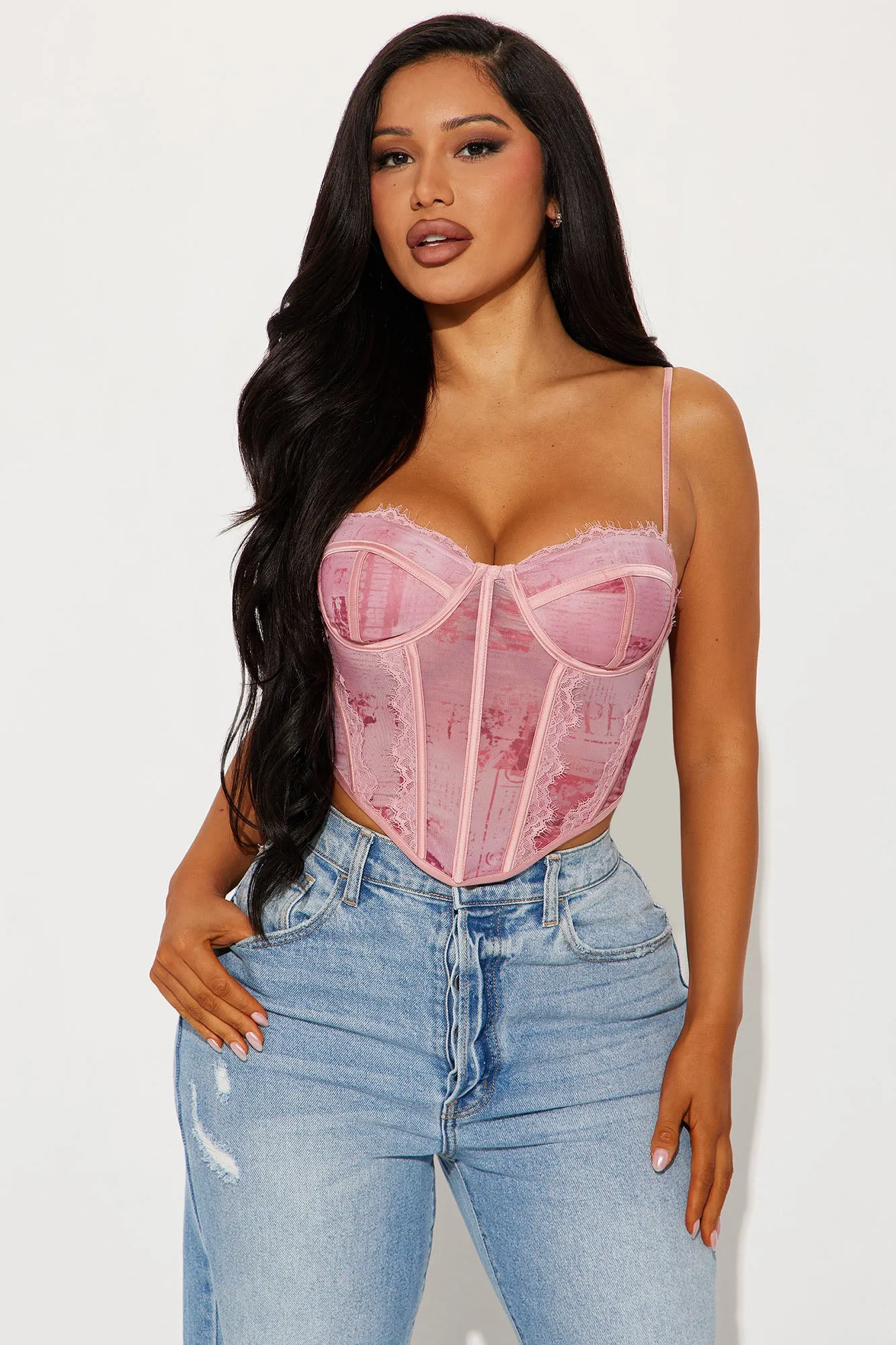 You've Got The Love Mesh Corset Top - Pink/combo sold by Fashion Nova