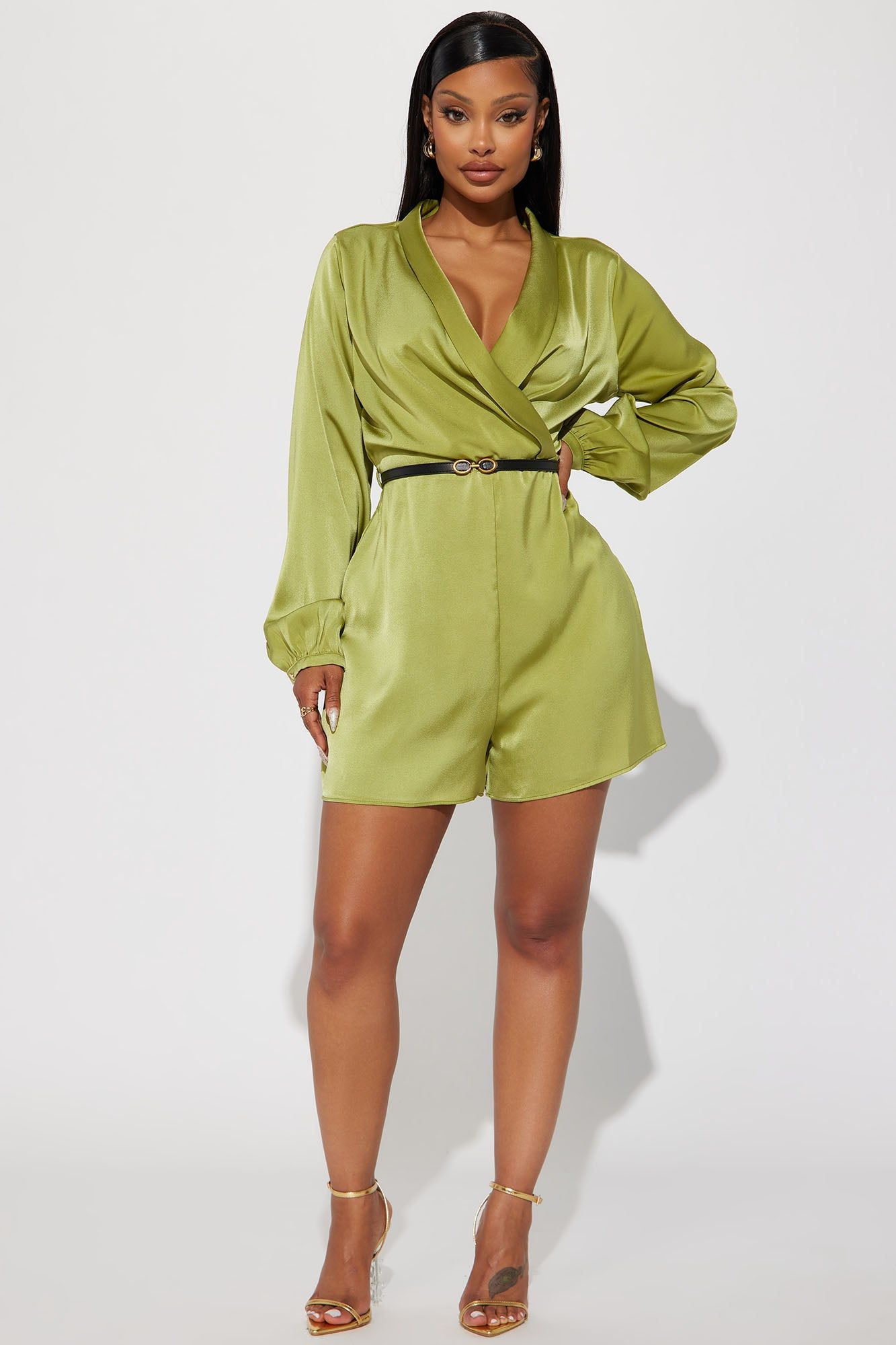 Pretty Vibes Satin Romper - Green sold by Fashion Nova