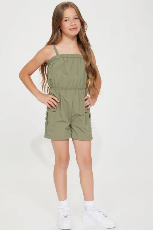 Mini True To Self Cargo Romper - Olive sold by Fashion Nova