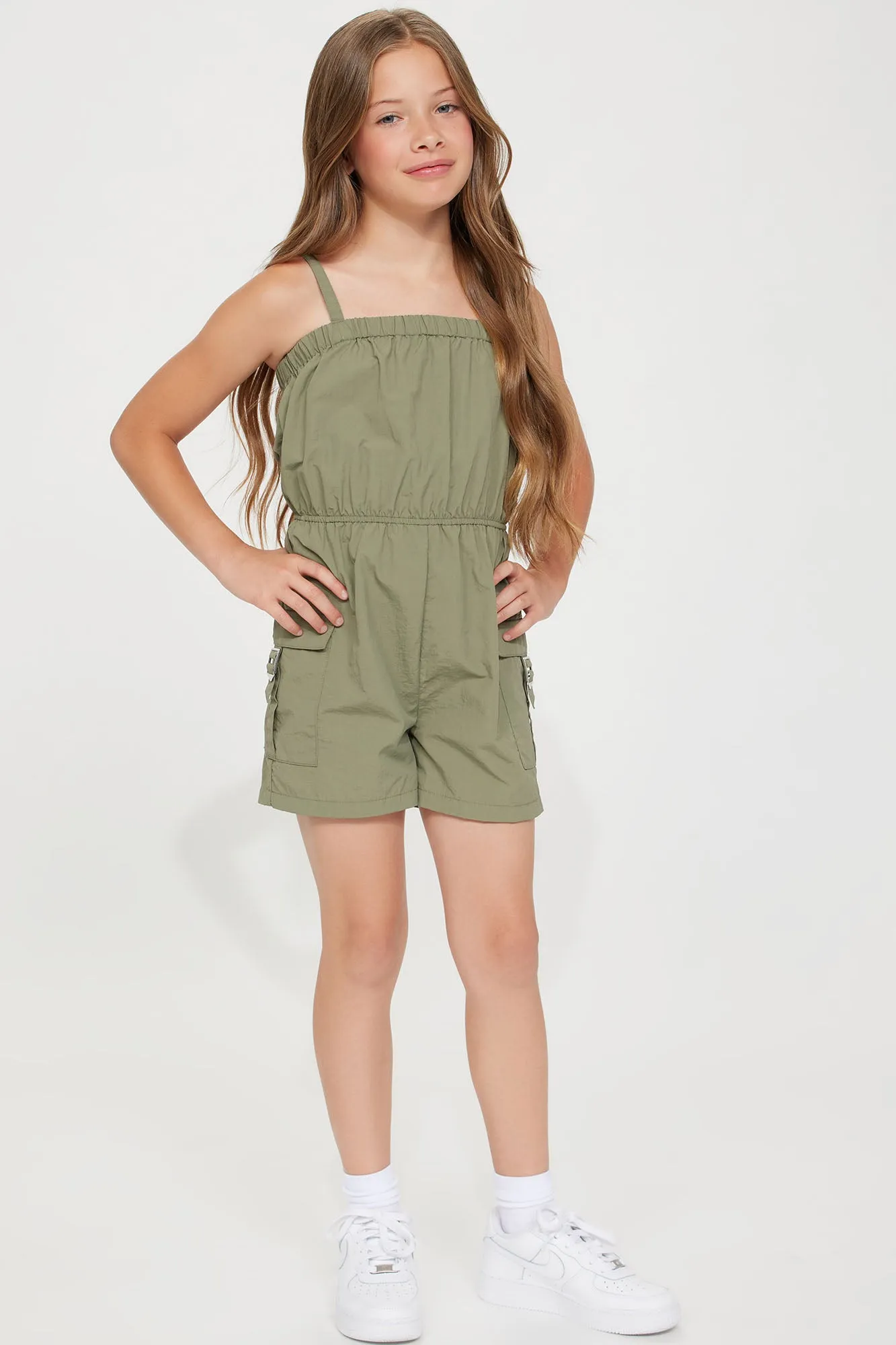 Mini True To Self Cargo Romper - Olive sold by Fashion Nova